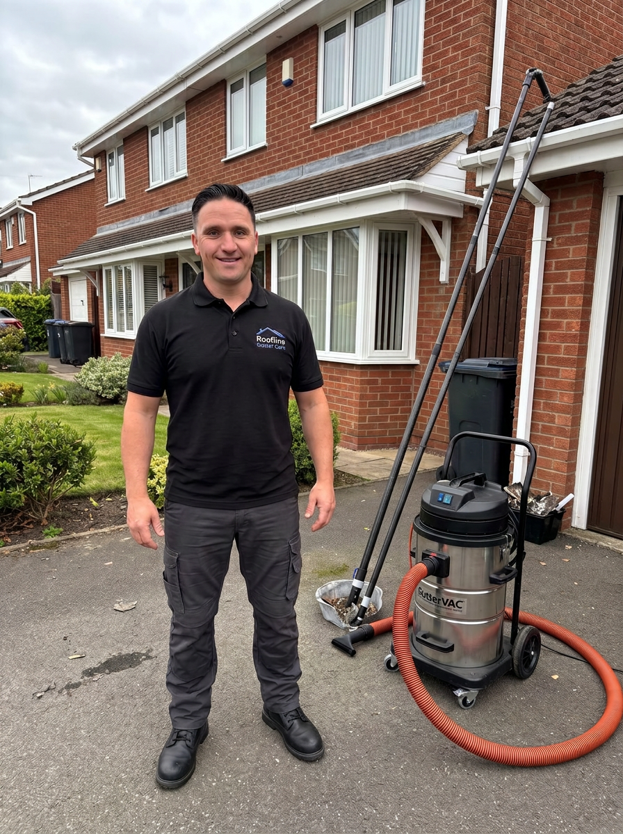 Alex, owner of Roofline Gutter Care in Lincoln, standing by his gutter vacuum outside a customer's home
