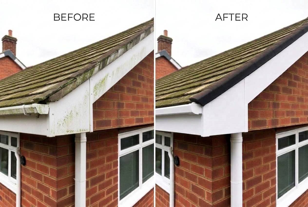 Before and after a gutter, fascia and soffit clean: green algae and grime staining white uPVC on the left, the same roofline bright white after washing on the right