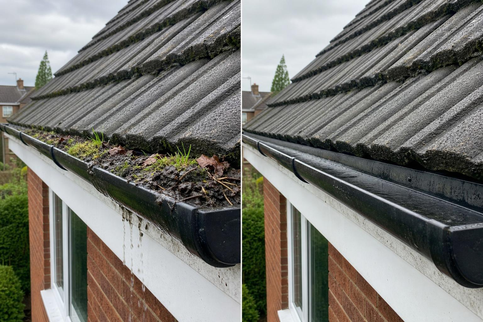 Before and after a gutter clearance: a gutter packed with moss and debris on the left, the same gutter completely clear on the right