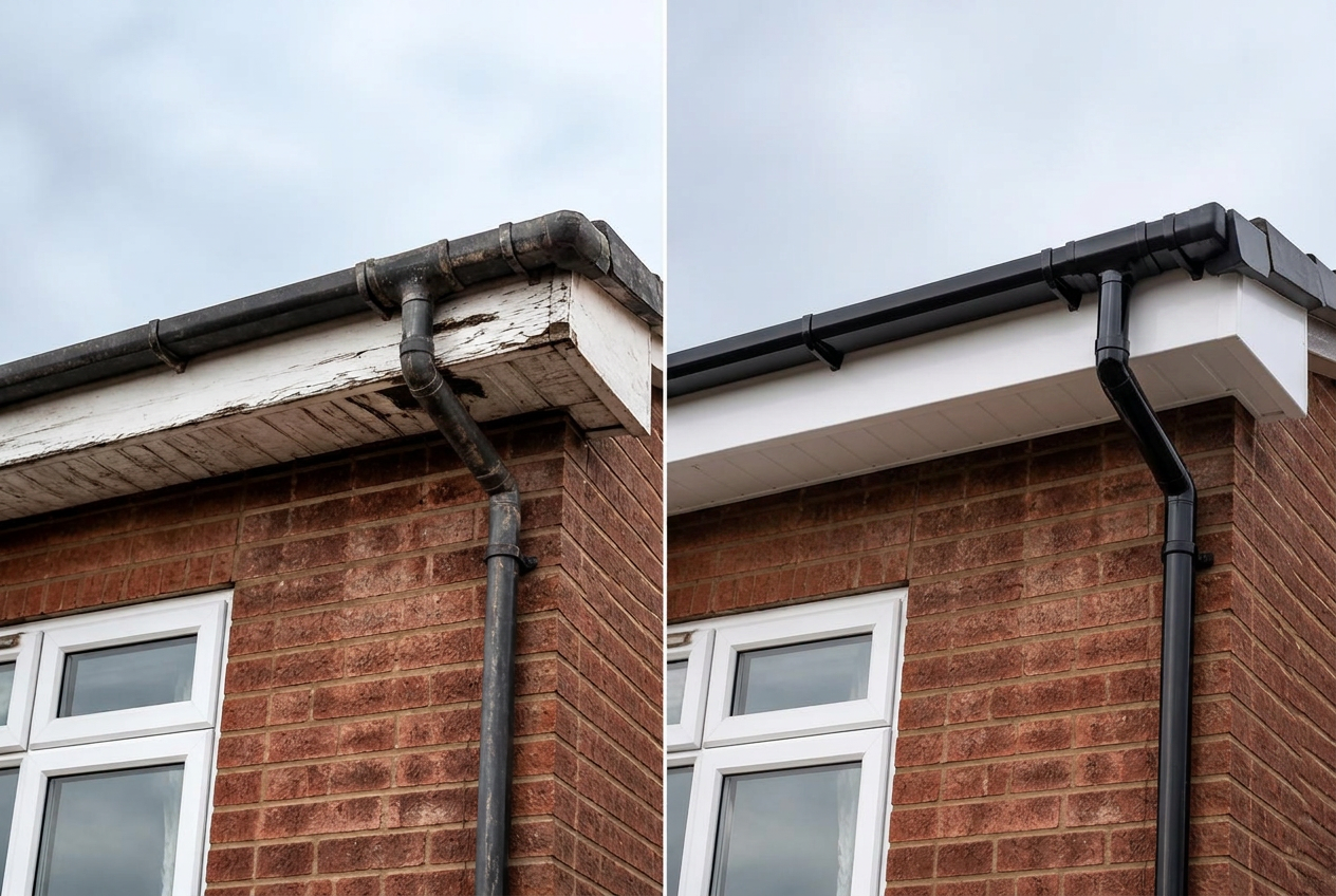 Before and after roofline replacement showing worn timber fascias and old guttering beside new white uPVC fascias, soffits and black guttering